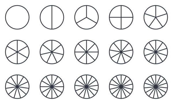 Circle division icon set. Circular outlines divided into 1 to 15 equal parts for pie charts, fractions, diagrams, infographics and mathematical illustrations. Editable stroke vector elements.