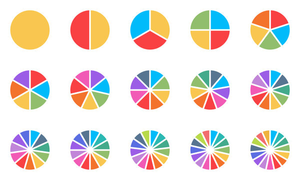 Colorful circle division set. Circular infographic elements divided into 1 to 15 equal segments for pie charts, fractions, diagrams, presentations and data visualization. Editable vector illustration