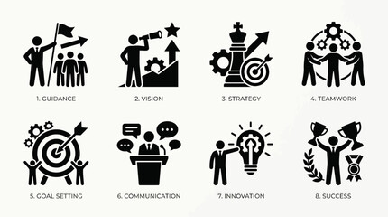 Obraz premium Set of black business and leadership icons representing guidance, strategy, teamwork, and success
