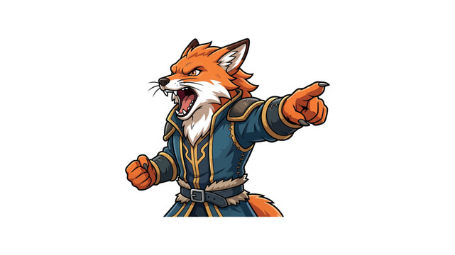 Fierce anthro fox warrior in blue fantasy armor roaring and pointing forward.