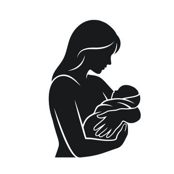 black-and-white vector silhouette depicting a mother tenderly holding her newborn baby.