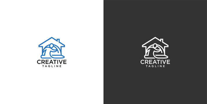 House cleaning service logo design vector template featuring cleaner with vacuum cleaner and home outline symbol