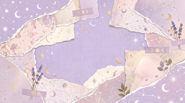 Pastel purple aesthetic scrapbook background with torn paper pieces, celestial motifs, lavender branches, and golden stars for creative design projects