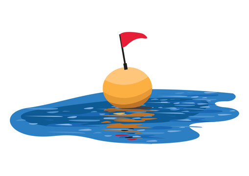 An orange sea buoy with a red flag floats on the surface of the water. Hand-drawn vector illustration of a marine landmark.
