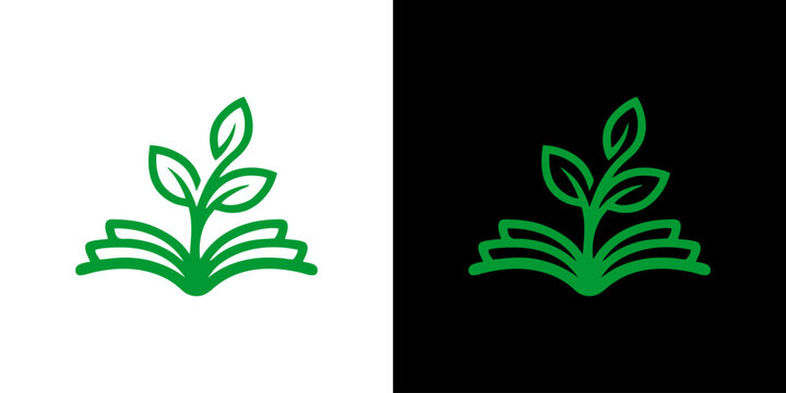 Green plant growing from an open book as a concept for sustainable education and eco friendly learning logo icon set