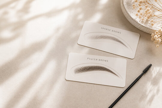 Split-frame eyebrow comparison with two shape templates and spoolie brush, brow design and shaping concept
