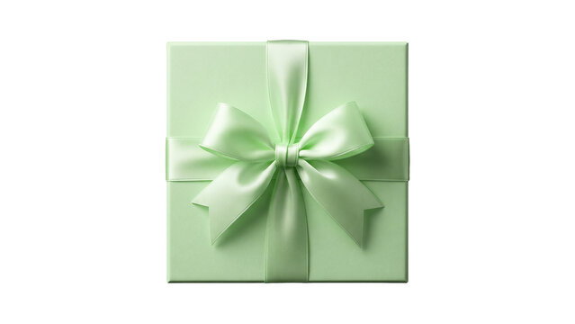 Light mint green gift box with satin bow isolated PNG, present for birthday or special occasion on transparent background 