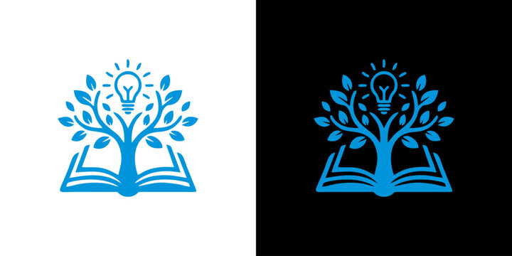Knowledge Tree Logo Design with Open Book and Glowing Lightbulb for Education and Innovation Concept