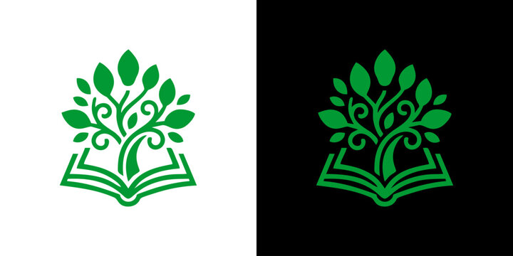 Elegant logo featuring a lush green tree emerging from an open book, embodying the essence of knowledge, growth, and wisdom through nature's enduring power