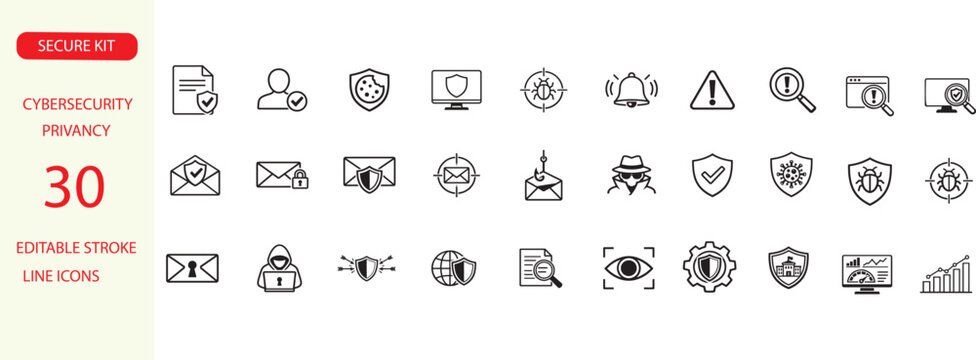 Cybersecurity and privacy editable stroke line icons for malware, firewall, threat and data protection.