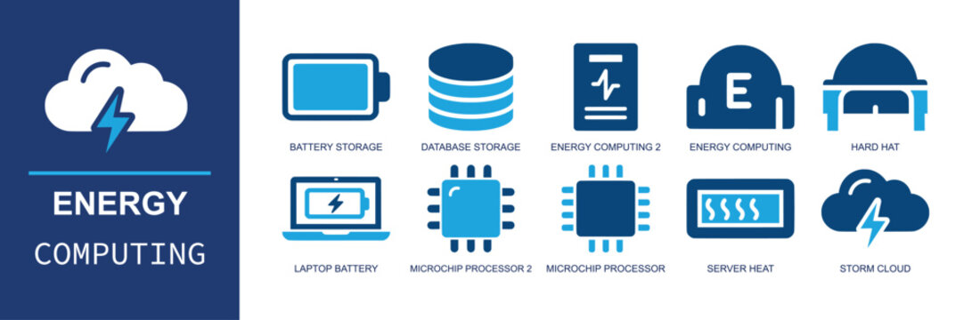 Energy computing icon set. Containing battery storage, secure database, energy monitor, hard hat, laptop battery, microchips, server heat, storm cloud and more. Solid fill vector icons.