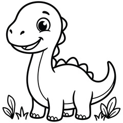 Fototapeta premium Cute cartoon dinosaur character with friendly smile and playful pose in a lush landscape setting