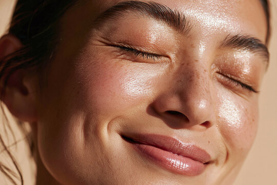 Close up portrait of smiling woman with closed eyes showing freckled skin, dewy complexion, natural makeup and dimples conveying calm joyful emotion