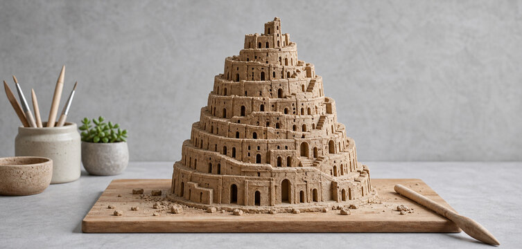 babel. Miniature Tower of Babel clay sculpture on wooden board with shaping stick, educational craft concept, event programs.