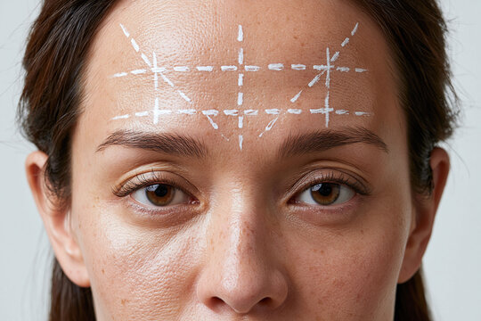 Young woman face with cosmetic procedure marking on forehead showing planning for wrinkle treatment and dermatology evaluation, natural skin texture and neutral expression