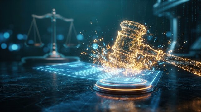 Futuristic tech court scene featuring a digital gavel striking virtual bankruptcy papers and scales of justice.