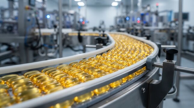 Automated production line inside modern pharmaceutical plant moving golden softgels.