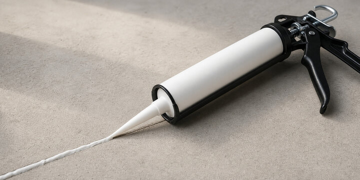 White caulk tube and applicator gun with sealant bead on concrete, home sealing and renovation concept