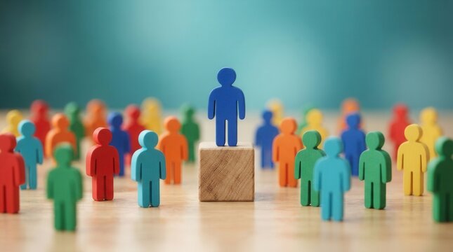 Business success concept featuring a central leader figure standing on a wooden podium above a team.