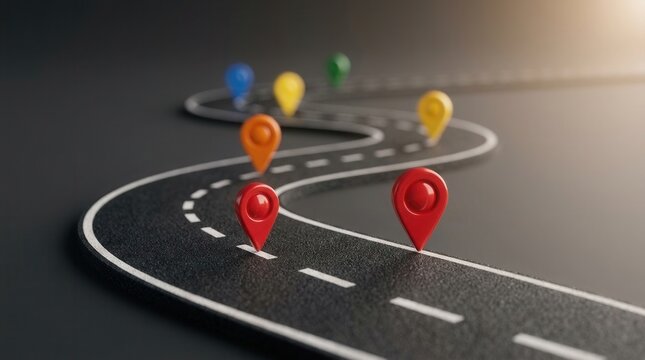 A visual metaphor for strategy planning, decision making, and business growth using colorful markers on a winding road path.