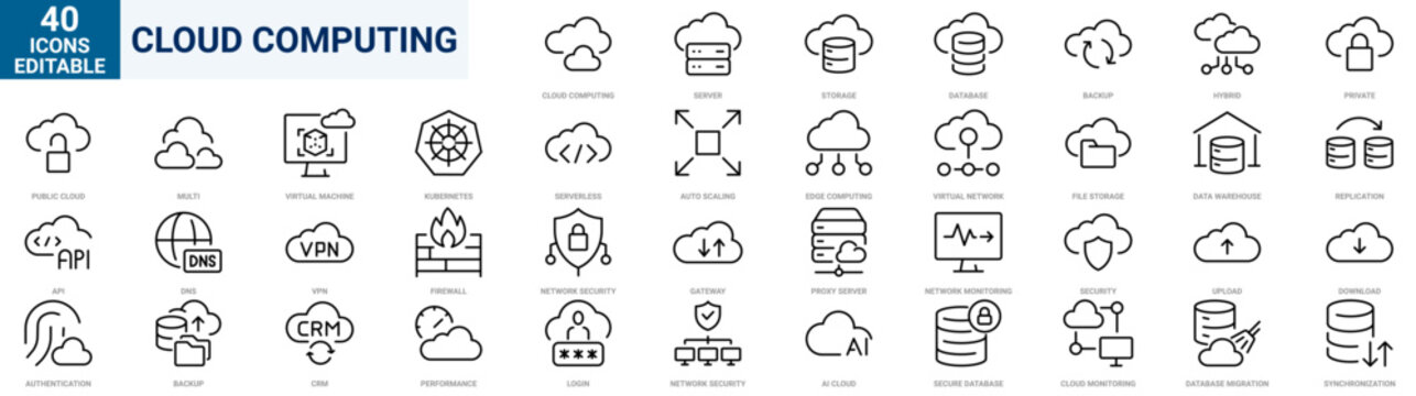 Cloud Computing Line Icons Set. Cloud Infrastructure, Cloud Services, Data Storage, Editable Stroke Vector Collection