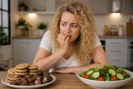 Woman hesitating between sweets and healthy salad in kitchen, food temptation and doubt concept