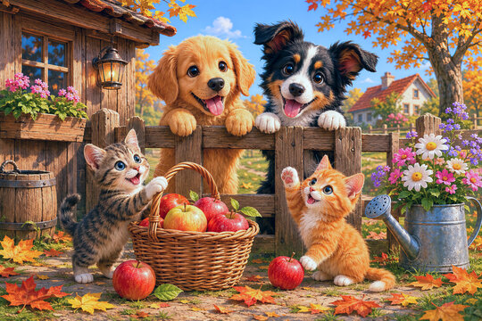 Cheerful puppies and kittens playing by wooden fence with basket of apples in autumn, pet illustration