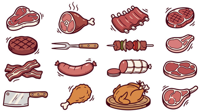 Set of hand drawn meat icons featuring various cuts of beef pork chicken and sausage for restaurant menu or barbecue design