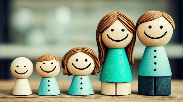 Wooden family figurines with smiling faces lined up by height on table, family concept