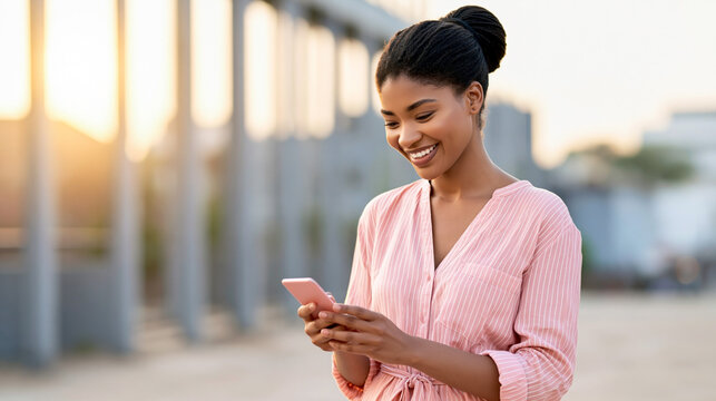 Young businesswoman using smartphone outdoors in modern urban setting, mobile communication, technology and professional lifestyle concept