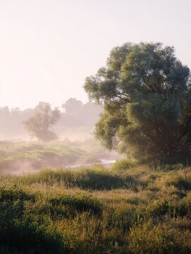Misty morning river blooming meadow trees soft sunrise light