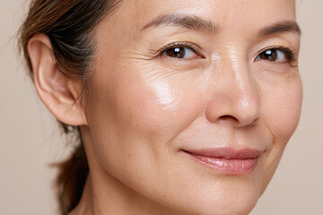 Obraz premium Glowing middle aged Japanese woman portrait smiling naturally with radiant skin and subtle makeup