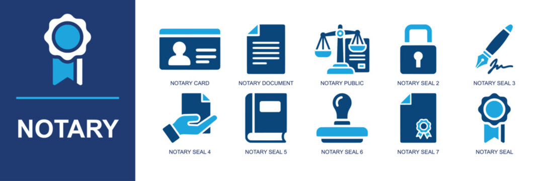 Notary icon set. Containing notary card, legal document, justice scale, padlock, signature pen, certified file, law book, stamp, official seal badge and more. Solid fill vector icons.