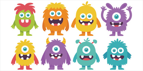 Obraz premium Eight colorful cartoon of friendly, diverse monsters with big eyes, different colors, horns, and happy expressions on a white