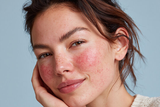 Rosy flushed cheek woman with sensitive skin and light freckles smiling gently under soft diffused light, pastel background conveying natural confidence and calm
