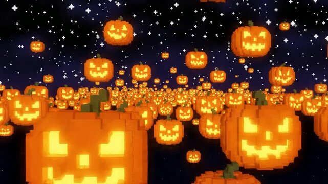 Pixel halloween background, with glowing jack-o'-lantern, pumpkins floating in, a starry night, sky retro 8-bit, holiday animation