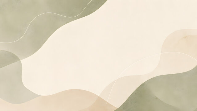 Minimalist abstract background featuring organic wave shapes in sage green, beige, and cream with thin white accent lines.