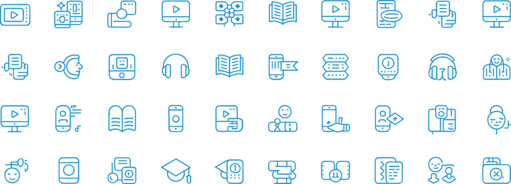 Online education and e-learning digital training line icon set featuring video tutorials graduate cap headphones open books and mobile study elementsOnline education and e-learning digital training li