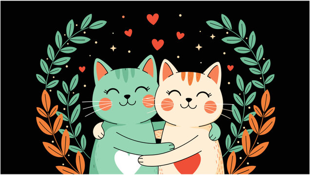 Cute mint green and cream cats hugging inside floral wreath, with red hearts on black background, valentines love friendship illustration.
