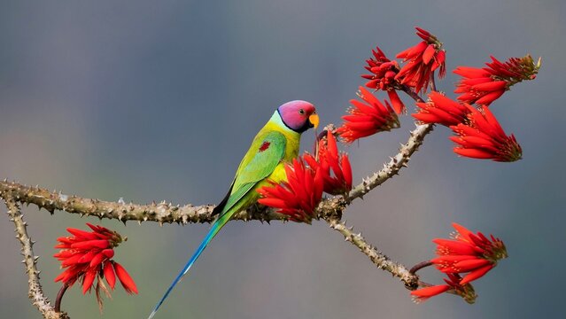 View of a plum-headed parakeet perched on a thorny branch with vibrant red flowers in Shivamogga, Karnataka, India.