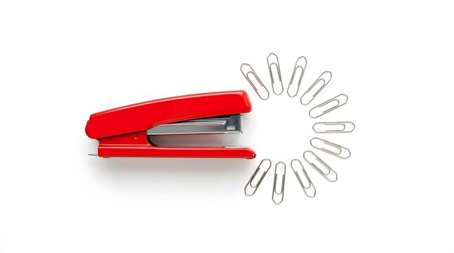 Red Stapler and Paper Clips Isolated on White Background