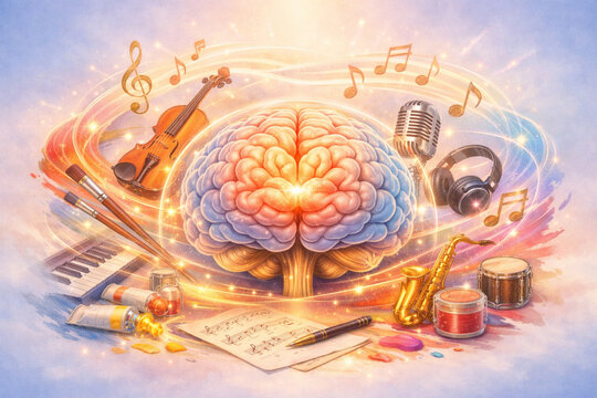 Glowing human brain surrounded by musical instruments and art supplies representing creative intelligence. Conceptual illustration of brain power, musical inspiration, and artistic creativity.