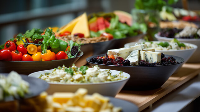 Healthy buffet table featuring fresh salads, vegetables, gourmet cheeses and colorful ingredients. Perfect for restaurant, catering, hotel breakfast, healthy eating and food service concepts.