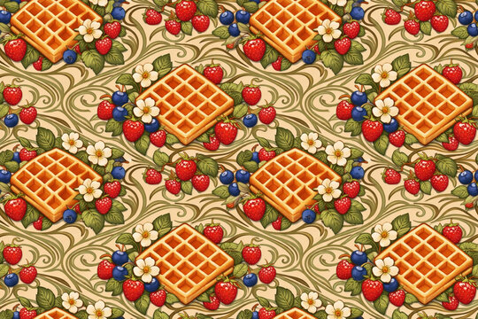 Vintage art nouveau seamless pattern with belgian waffles and fresh berries.