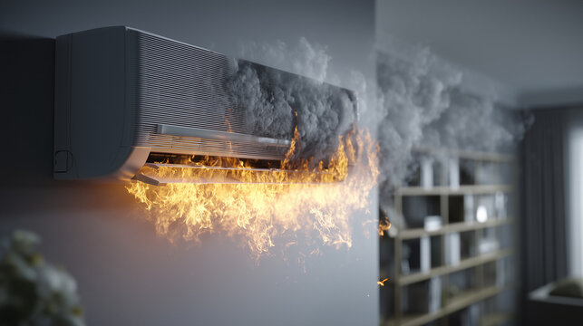 Air conditioner on fire with thick smoke caused by severe electrical failure. Home emergency, fire safety, equipment malfunction, insurance and disaster prevention concept.