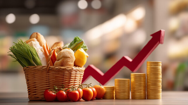 Basket of fresh groceries with stacked coins and upward arrow illustrating food inflation, rising household expenses, supermarket prices and personal finance challenges.