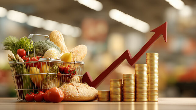Shopping cart filled with fresh groceries beside stacked coins and rising arrow symbolizing food inflation, increasing grocery prices, household expenses and economic growth.