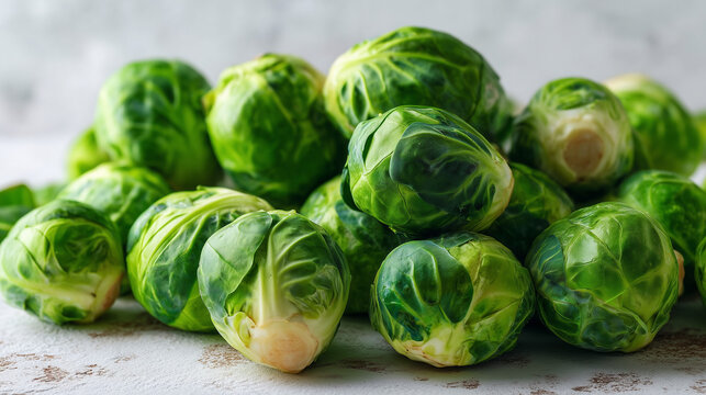 Fresh Brussels sprouts arranged in a natural pile. Healthy green vegetables rich in vitamins, perfect for vegetarian, vegan and clean eating concepts.