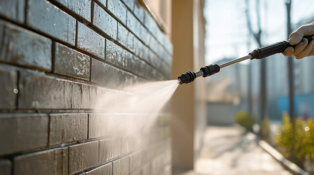 Professional pressure washing of a brick wall with high-pressure water spray. Exterior house cleaning, maintenance and restoration for residential property.