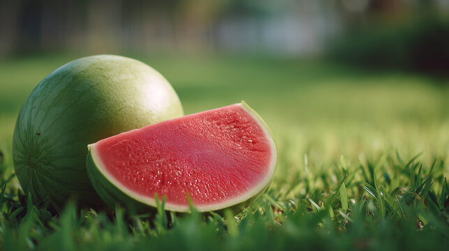 Fresh whole and sliced watermelon resting on green grass in a sunny garden. Healthy summer fruit with vibrant colors, natural light and copy space for seasonal food concepts.
